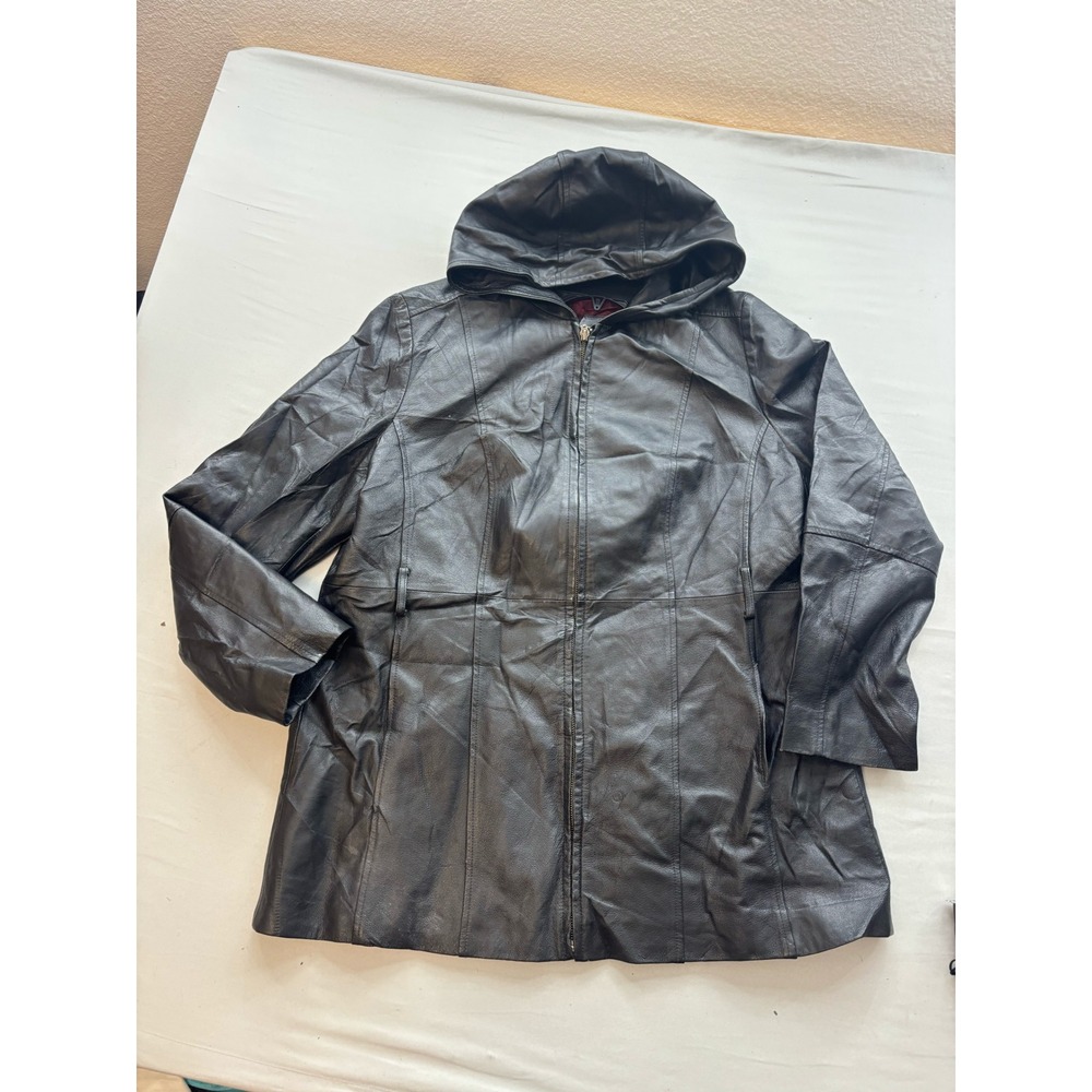 Croft & Barrow Womens 1X Black Leather Hooded Jacket Full Zip Mid Length Coat